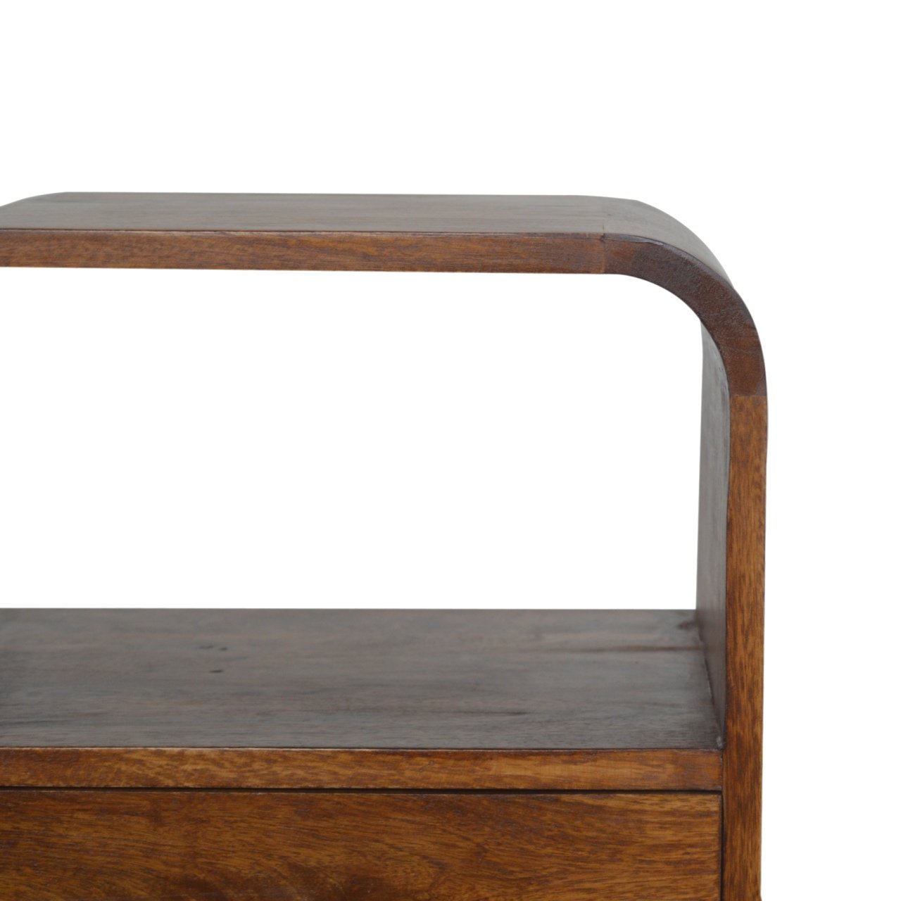 Chestnut Curved Edge Nightstand made from solid mango wood with drawer and two open storage slots. Top open slot view
