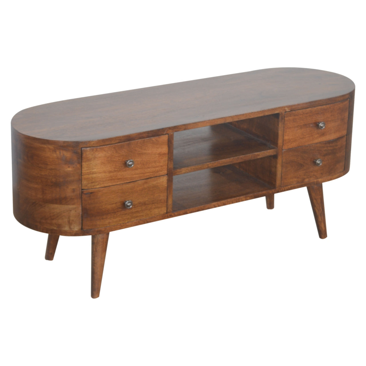 Chestnut Rounded Entertainment Unit made from solid mango wood with 4 drawers and Nordic-style legs. Lateral view