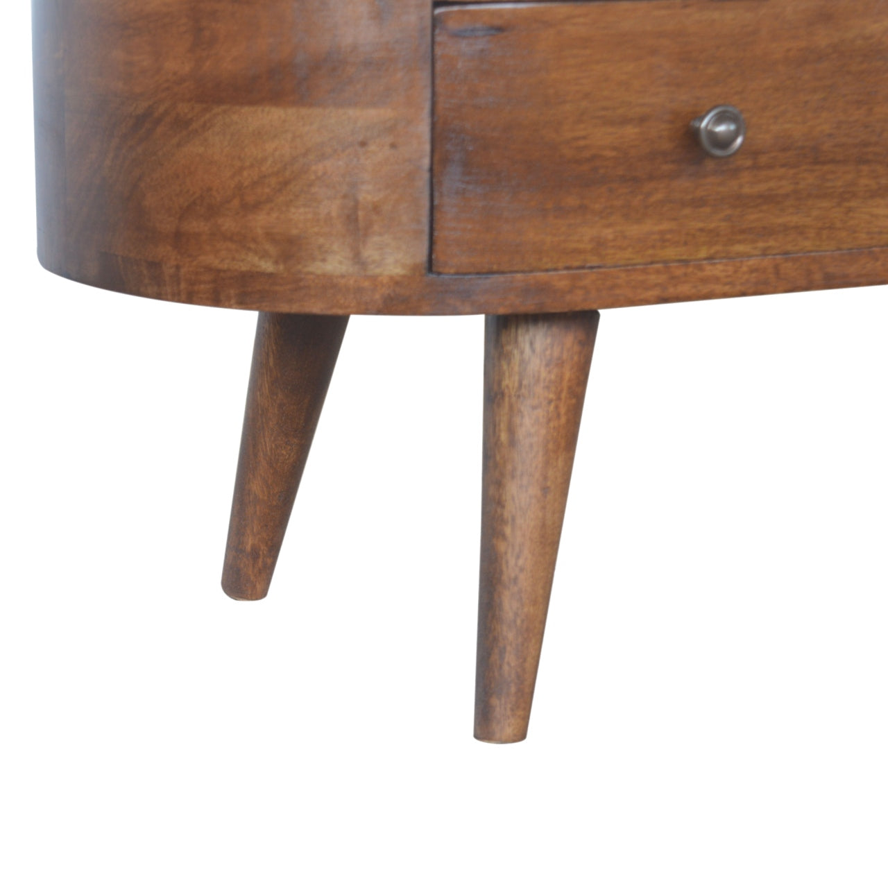 Chestnut Rounded Entertainment Unit made from solid mango wood with 4 drawers and Nordic-style legs. Leg view