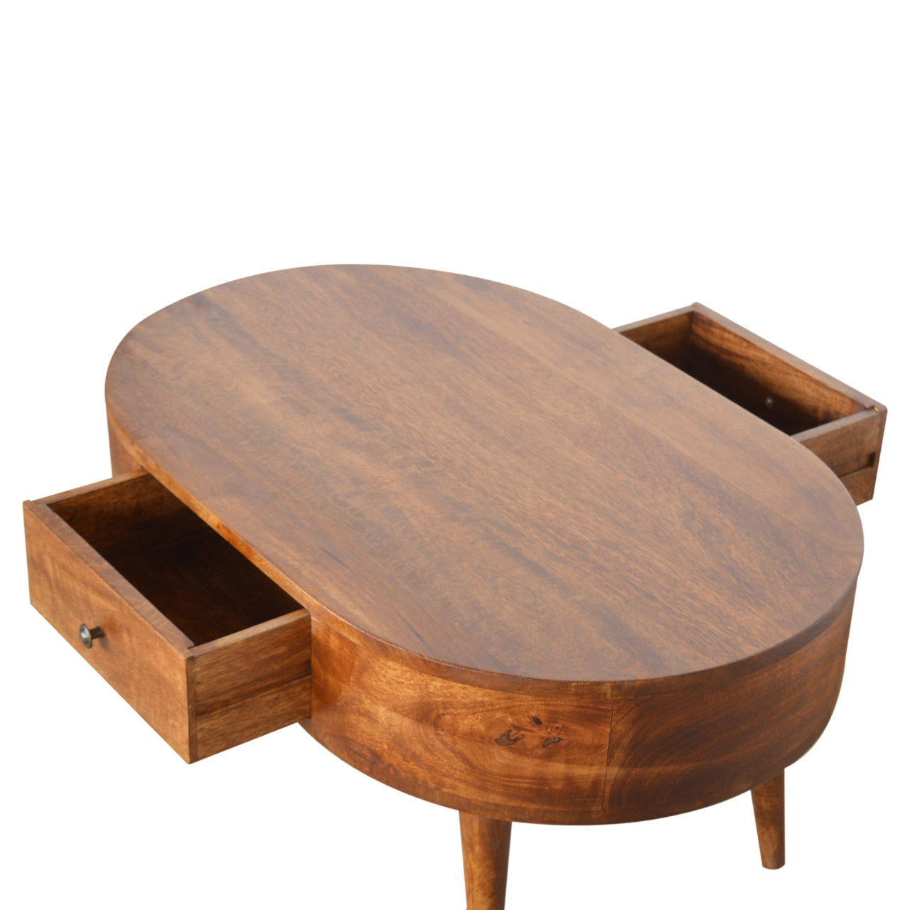 Chestnut Rounded Coffee Table made from solid mango wood with one drawer and Nordic-style legs. Opened drawer from both sides