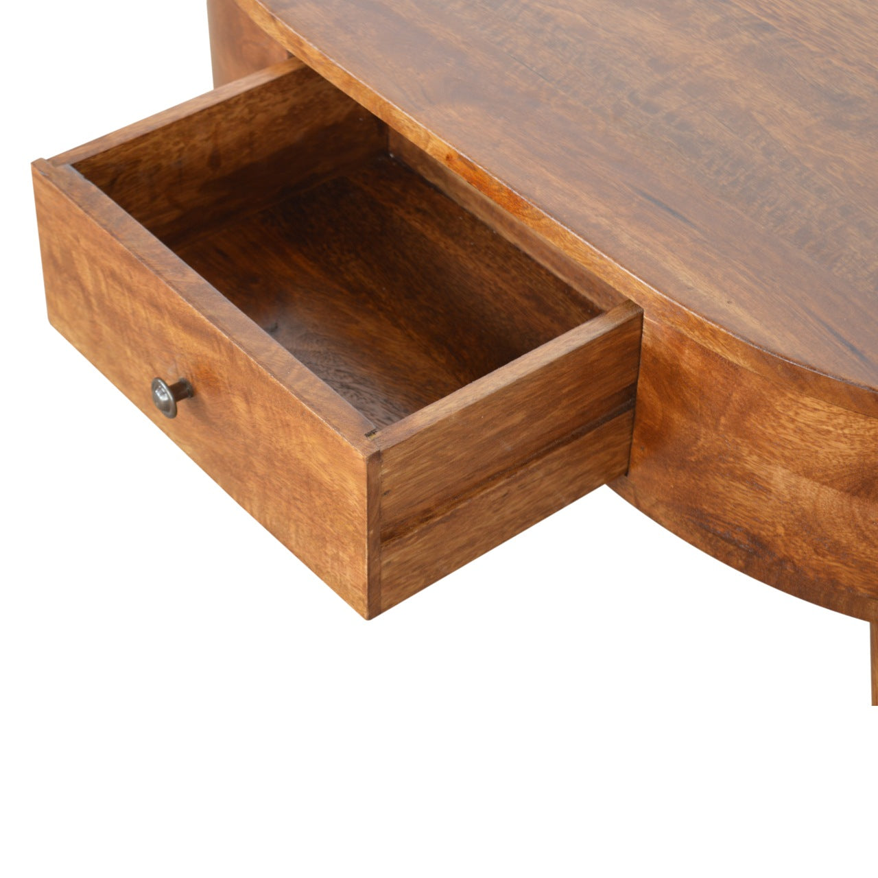 Chestnut Rounded Coffee Table made from solid mango wood with one drawer and Nordic-style legs. Closer view of opened drawer