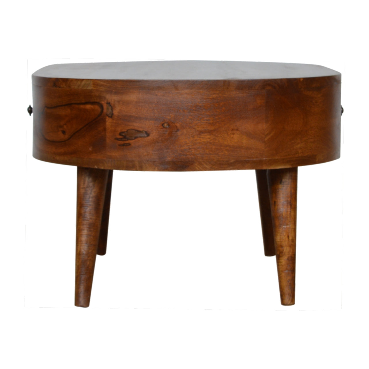 Chestnut Rounded Coffee Table made from solid mango wood with one drawer and Nordic-style legs. Side view