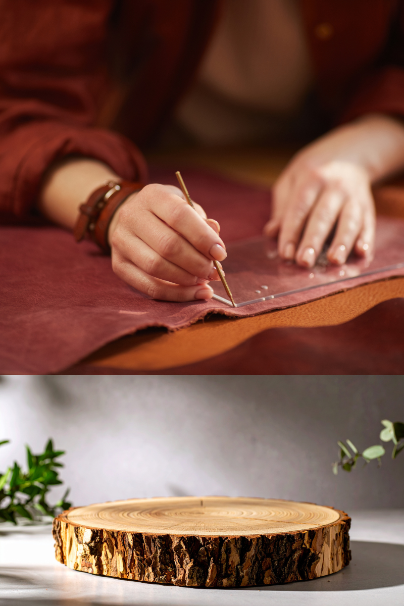 Person working on a wooden surface with a small tool, followed by a wooden coaster on a white background.